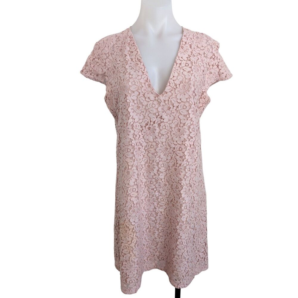Zara Womens Size Medium Lace Cap Sleeve Shift Mini Dress Light Pink V Neck